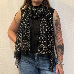 Vintage 1920s Assuit Scarf Shawl Black Silver Metal Art Deco Egyptian Metallic